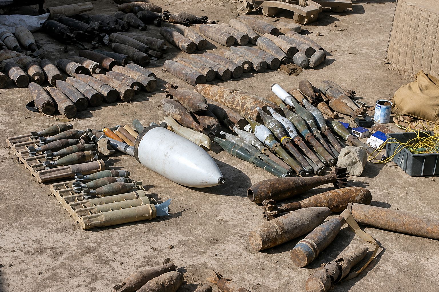 Recovered ordnance laid out for UXO mitigation